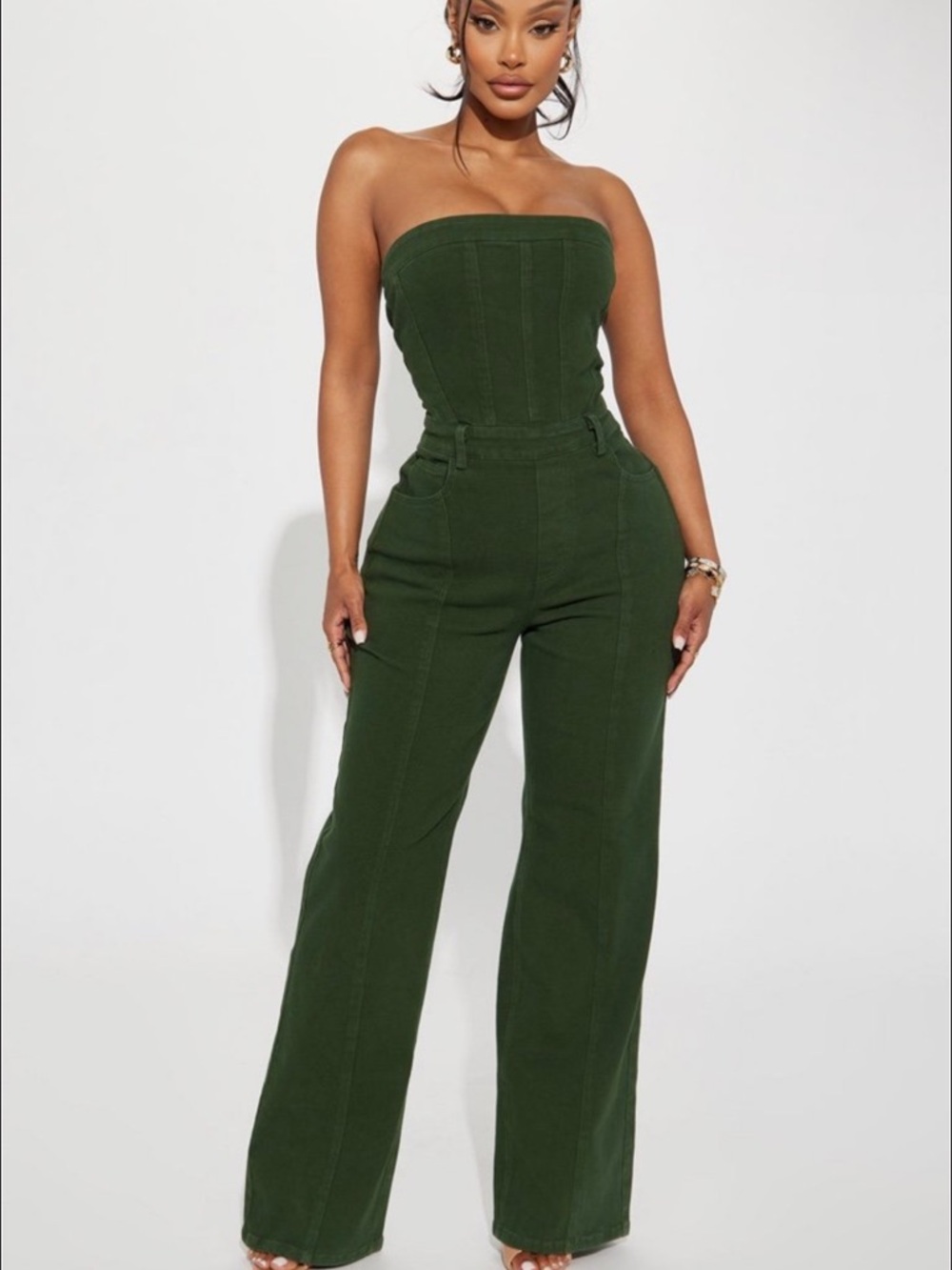 Fashion Nova Forest Green Denim Strapless Retro Boho Jumpsuit Size XS